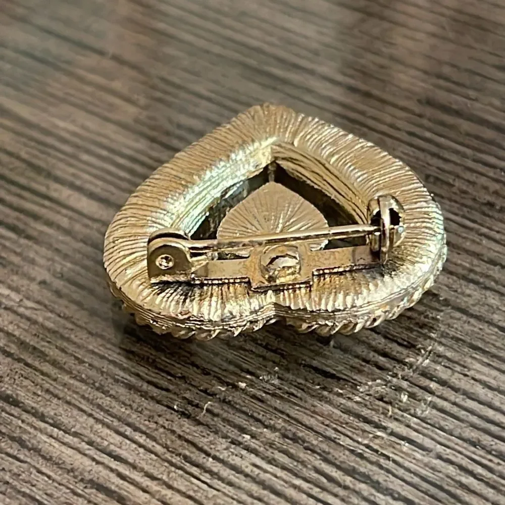 Vintage Light Gold-tone Texture Heart Pin with Rhinestone Accents
